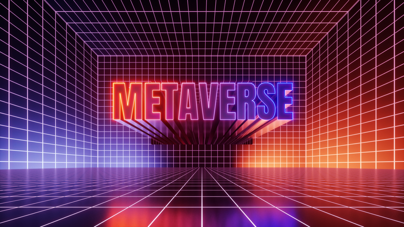 3d render, abstract futuristic background. Metaverse sign glowing with violet red neon light inside the empty virtual room, cyber space